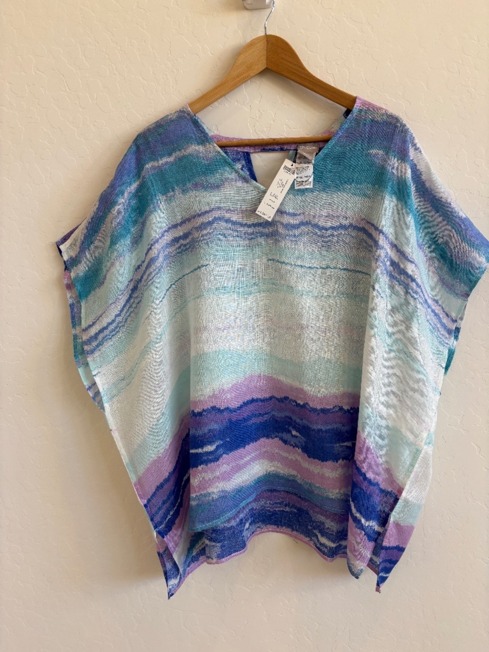 NWT Chico's Watercolor Stripe 100% Linen Poncho Blouse L/XL
